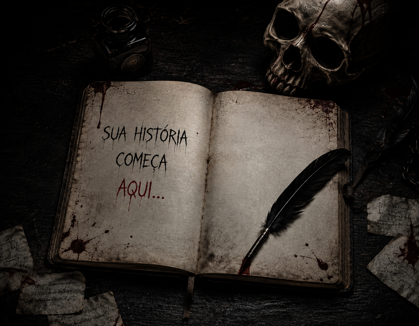Livro aberto com a frase Sua história começa aqui